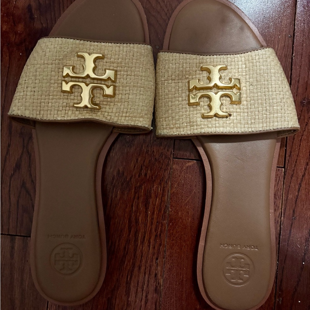 Tory Burch Woven Tan and Brown Slides